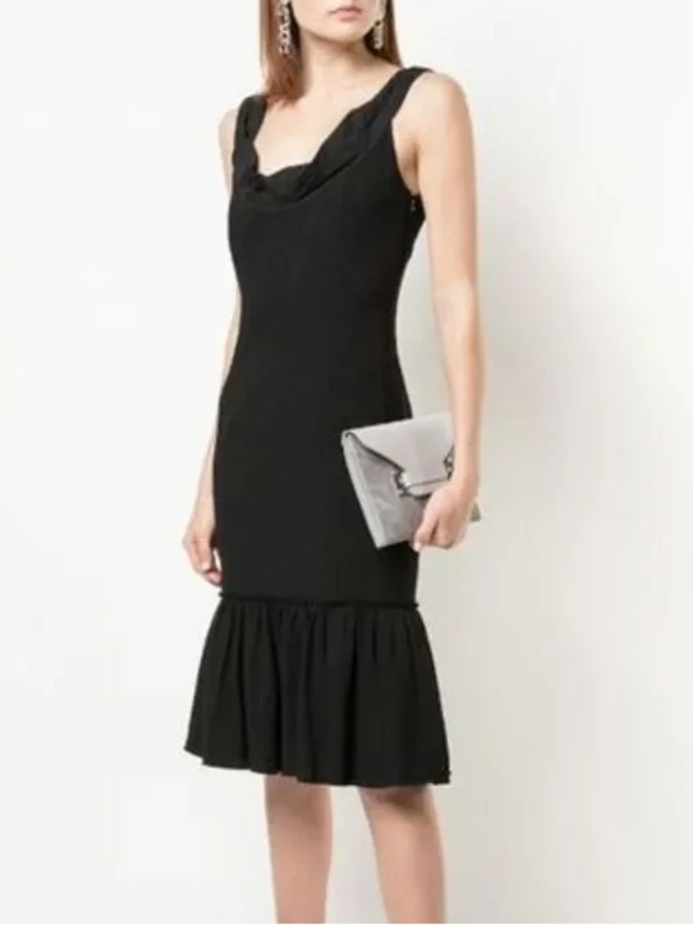 Proenza Schouler Black Sleeveless Ruffle-Hem Crepe Midi Dress with Draped Collar